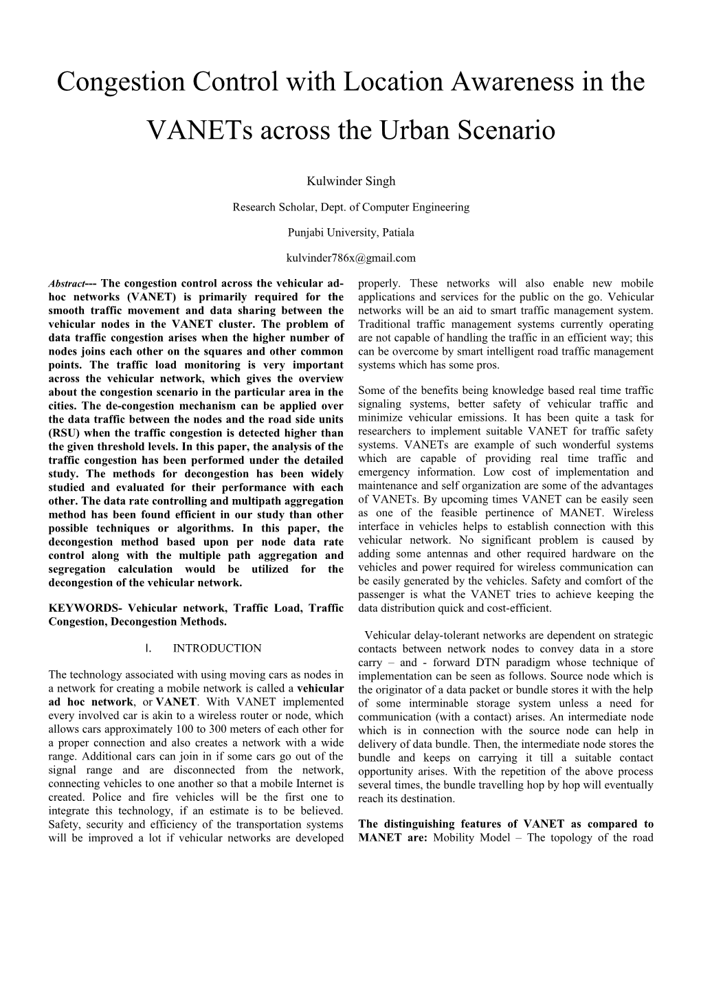 Congestion Control with Location Awareness in the Vanets Across the Urban Scenario