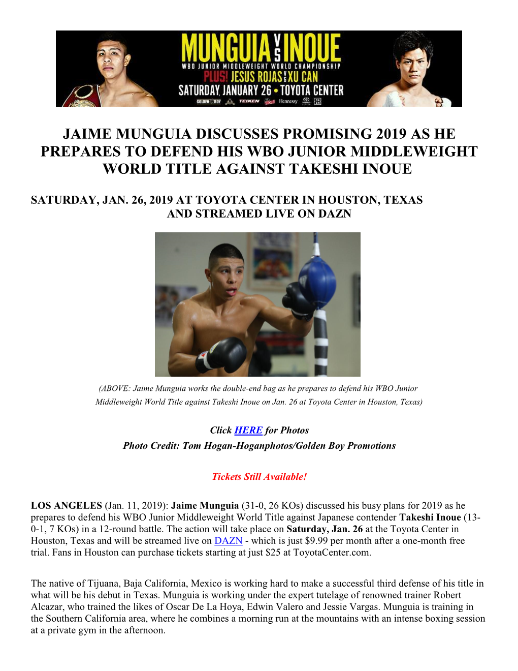 Jaime Munguia Discusses Promising 2019 As He Prepares to Defend His Wbo Junior Middleweight World Title Against Takeshi Inoue