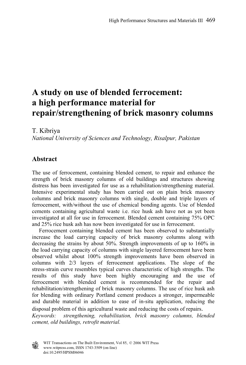 A Study on Use of Blended Ferrocement: a High Performance Material for Repair/Strengthening of Brick Masonry Columns