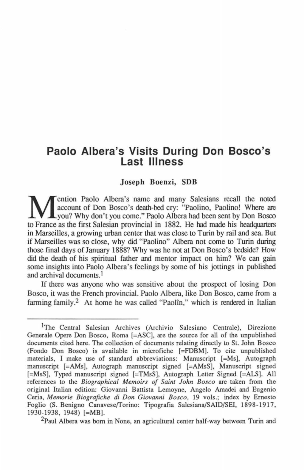 Paolo Albera's Visits During Don Bosco's Last Illness