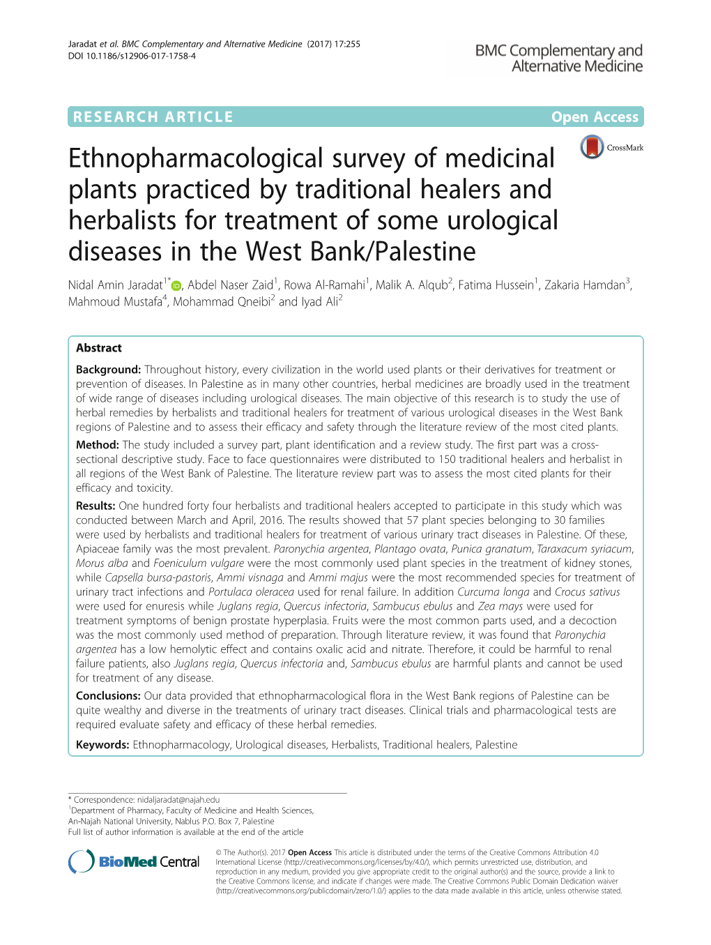 Ethnopharmacological Survey of Medicinal Plants Practiced by Traditional Healers and Herbalists for Treatment of Some Urological