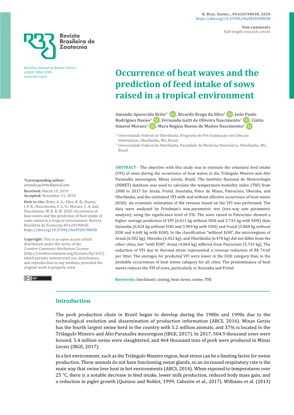Occurrence of Heat Waves and the Prediction of Feed Intake of Sows Raised in a Tropical Environment
