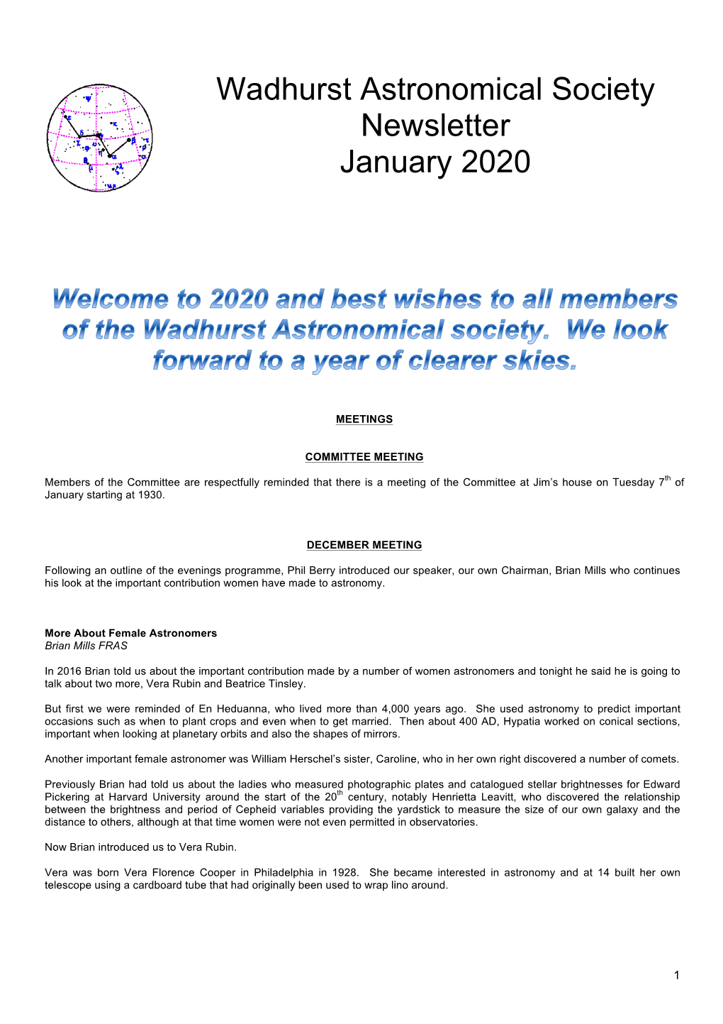 Wadhurst Astronomical Society Newsletter January 2020