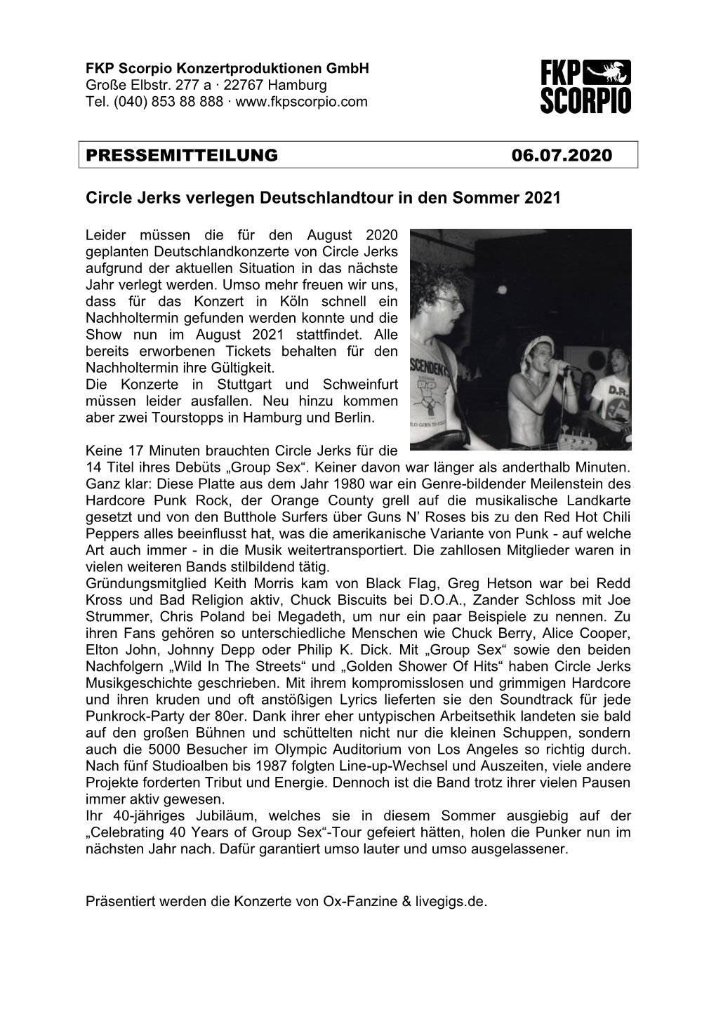 PRESSEMITTEILUNG 06.07.2020 Circle Jerks Verlegen