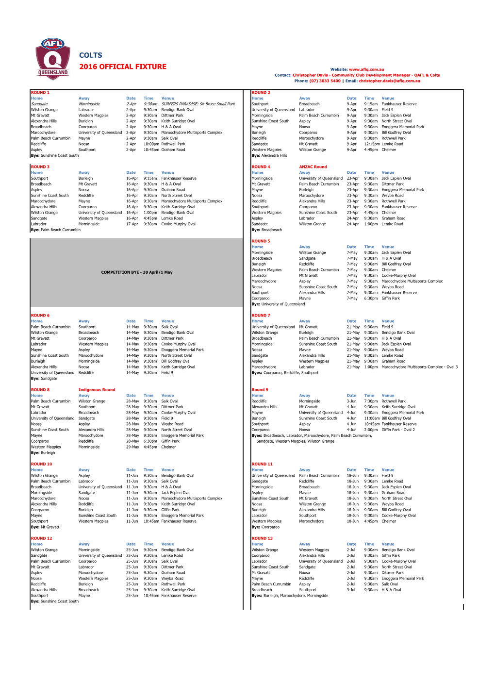 2016 Official Fixture Colts