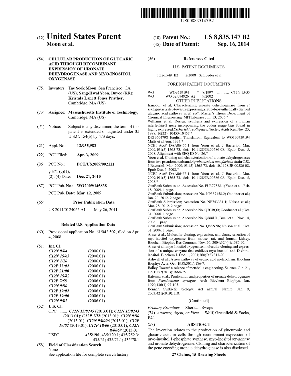 (12) United States Patent (10) Patent No.: US 8,835,147 B2 M00n Et Al