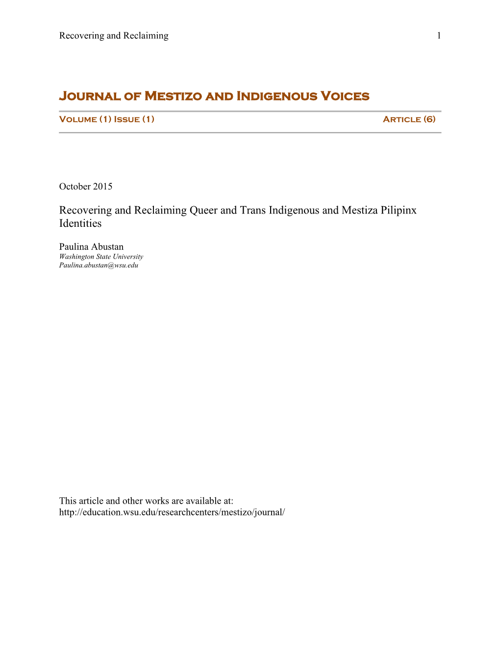 Journal of Mestizo and Indigenous Voices