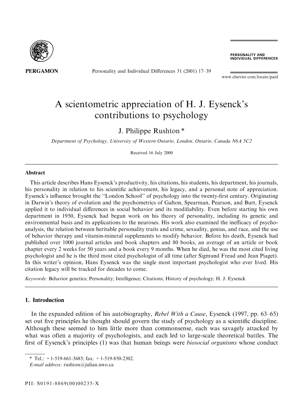 A Scientometric Appreciation of H. J. Eysenck's Contributions to Psychology