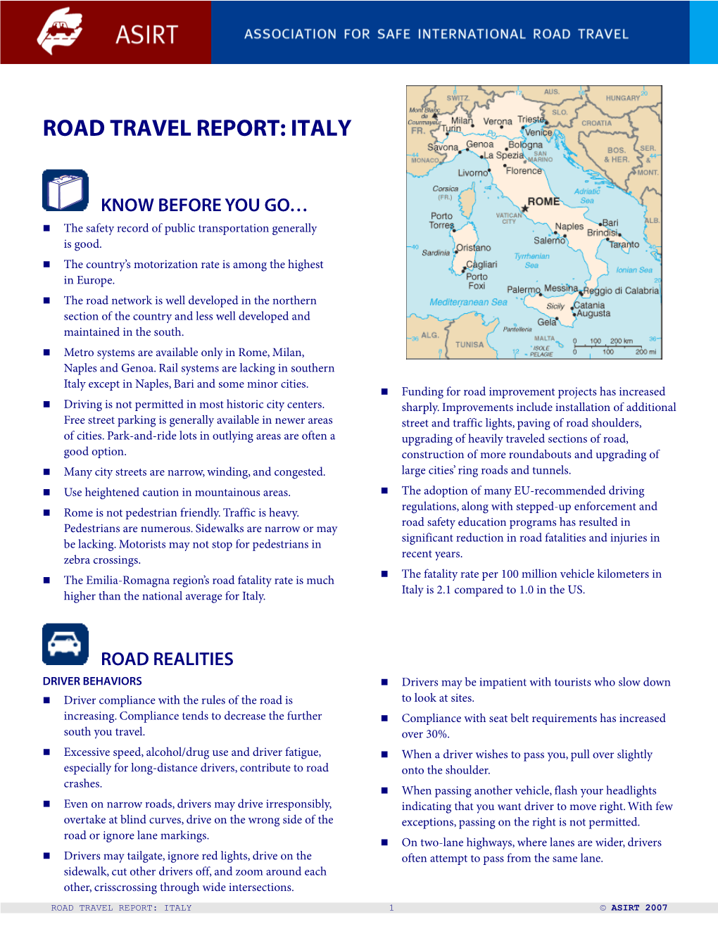 Road Travel Report: Italy