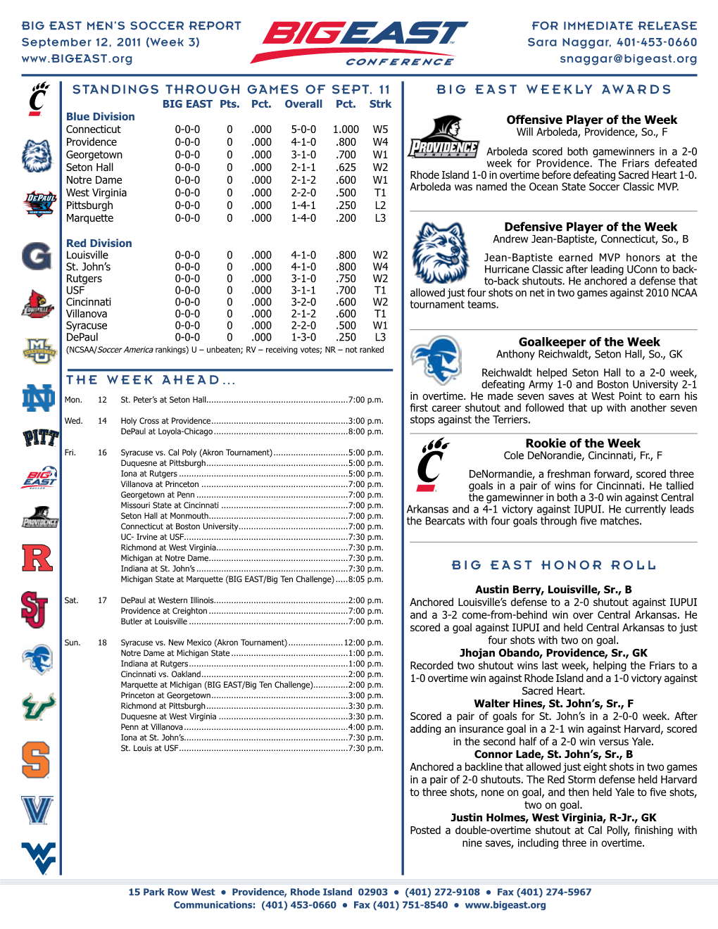 BIG EAST Weekly AWARDS BIG EAST HONOR ROLL