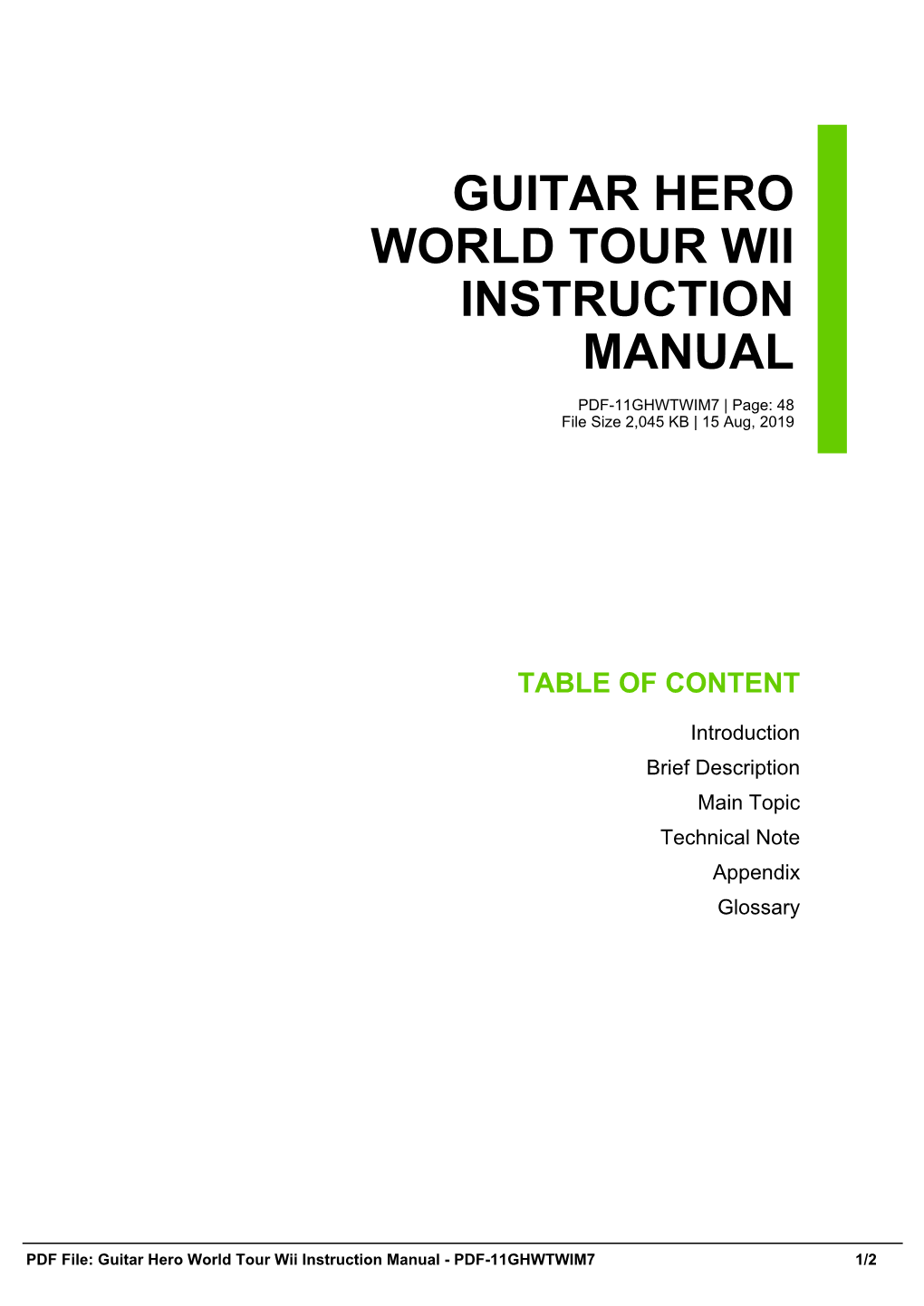 Guitar Hero World Tour Wii Instruction Manual