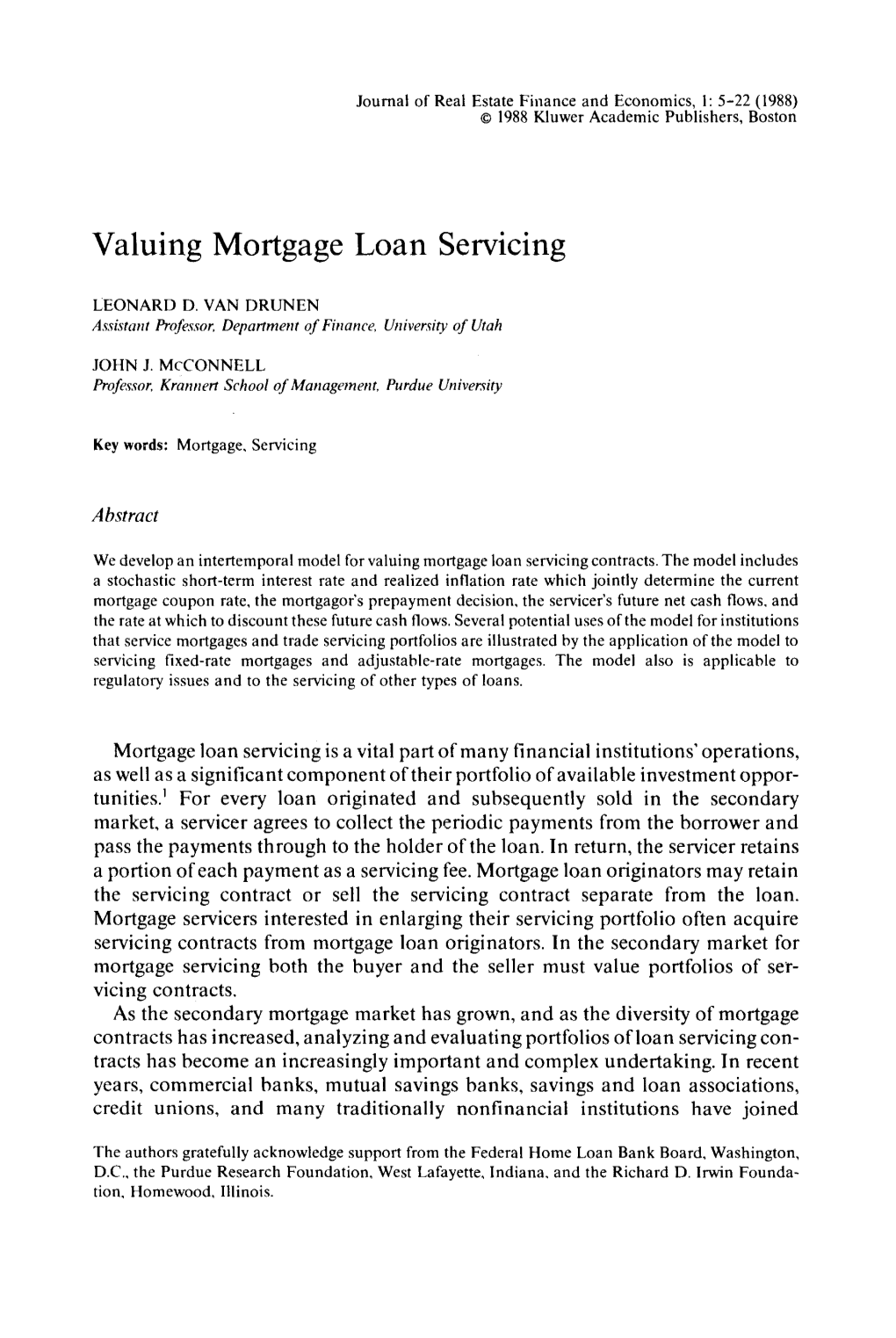 Valuing Mortgage Loan Servicing