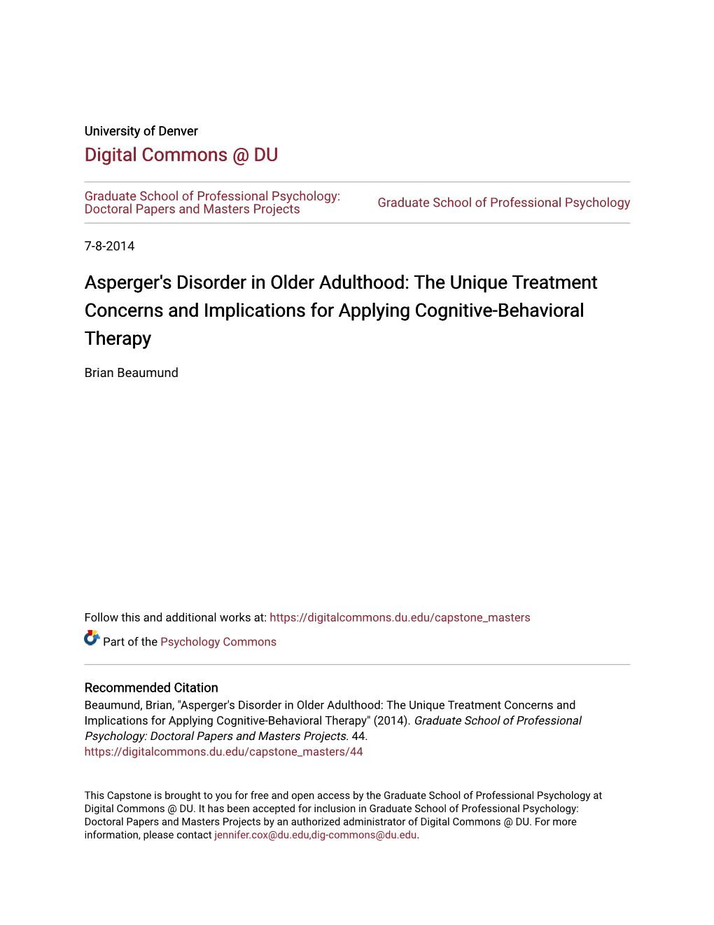 Asperger's Disorder in Older Adulthood: the Unique Treatment Concerns and Implications for Applying Cognitive-Behavioral Therapy