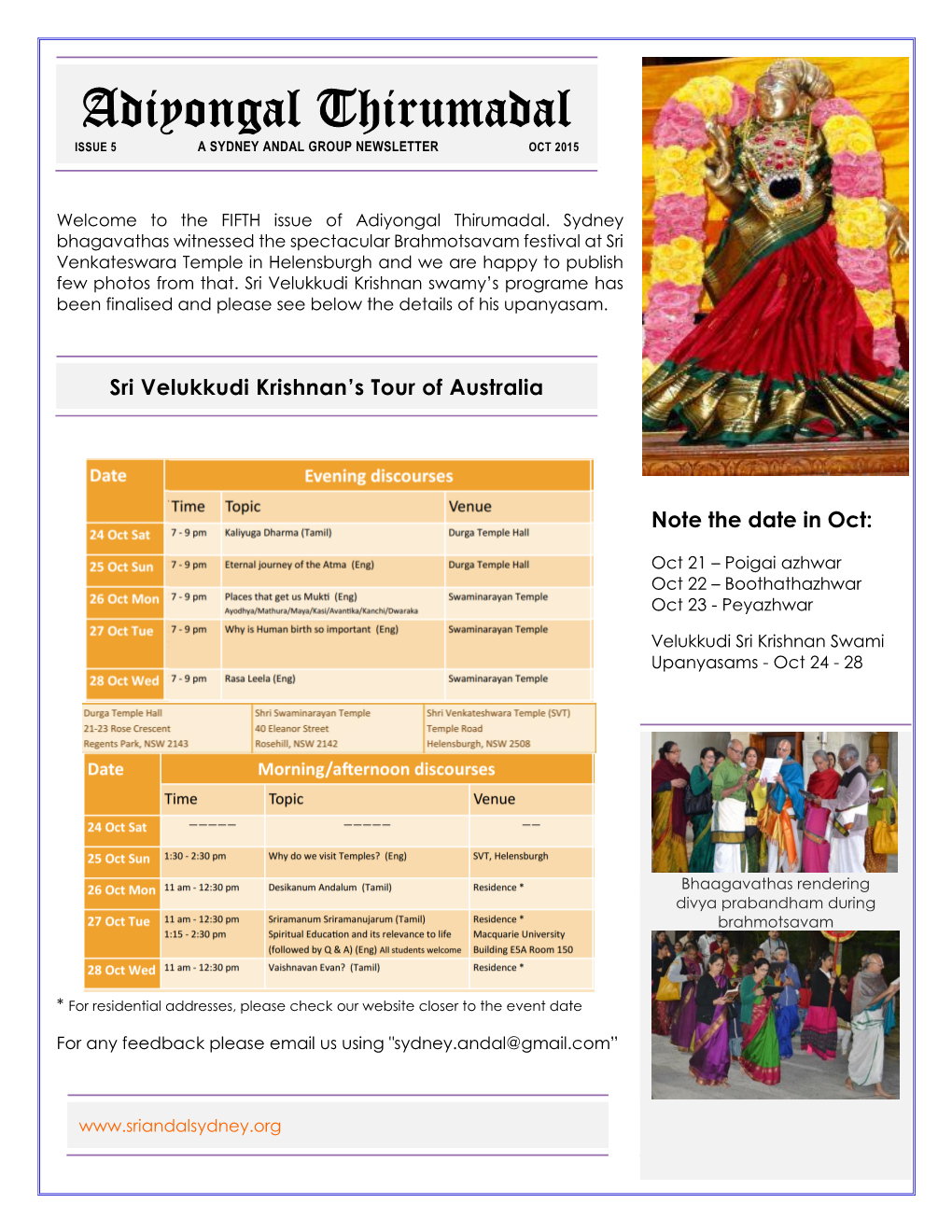 Adiyongal Thirumadal ISSUE 5 a SYDNEY ANDAL GROUP NEWSLETTER OCT 2015