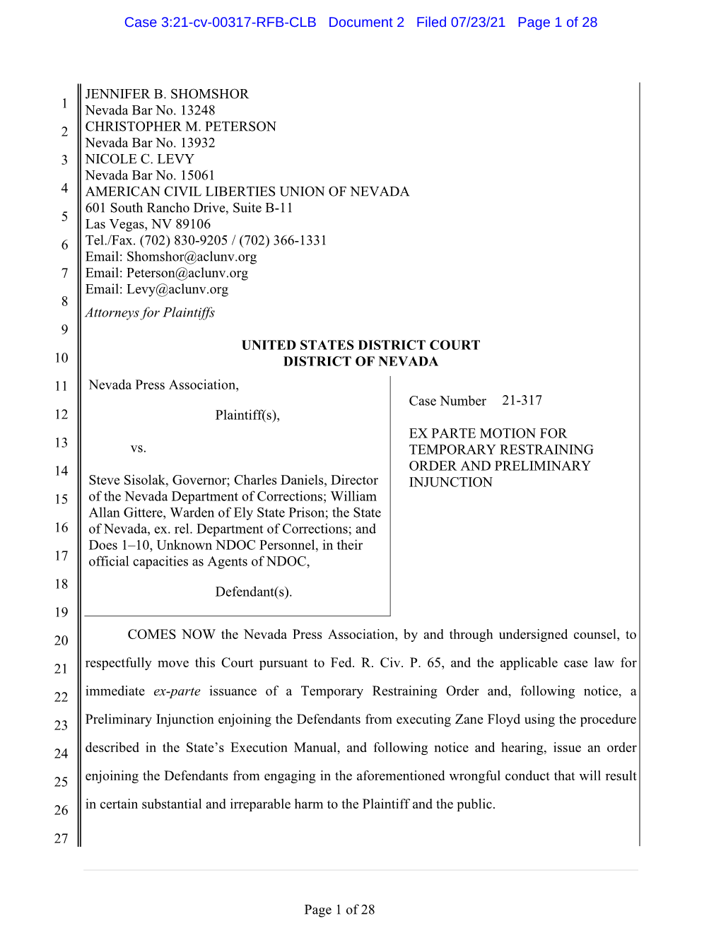 Motion for Temporary Restraining Order and Preliminary Injunction 22 Against the Defendants