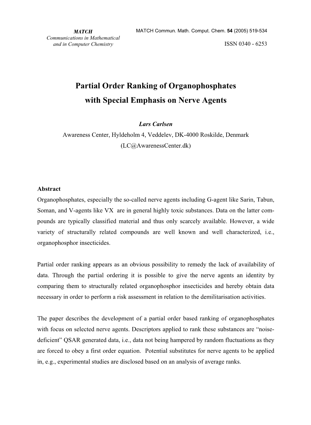 Partial Order Ranking of Organophosphates with Special