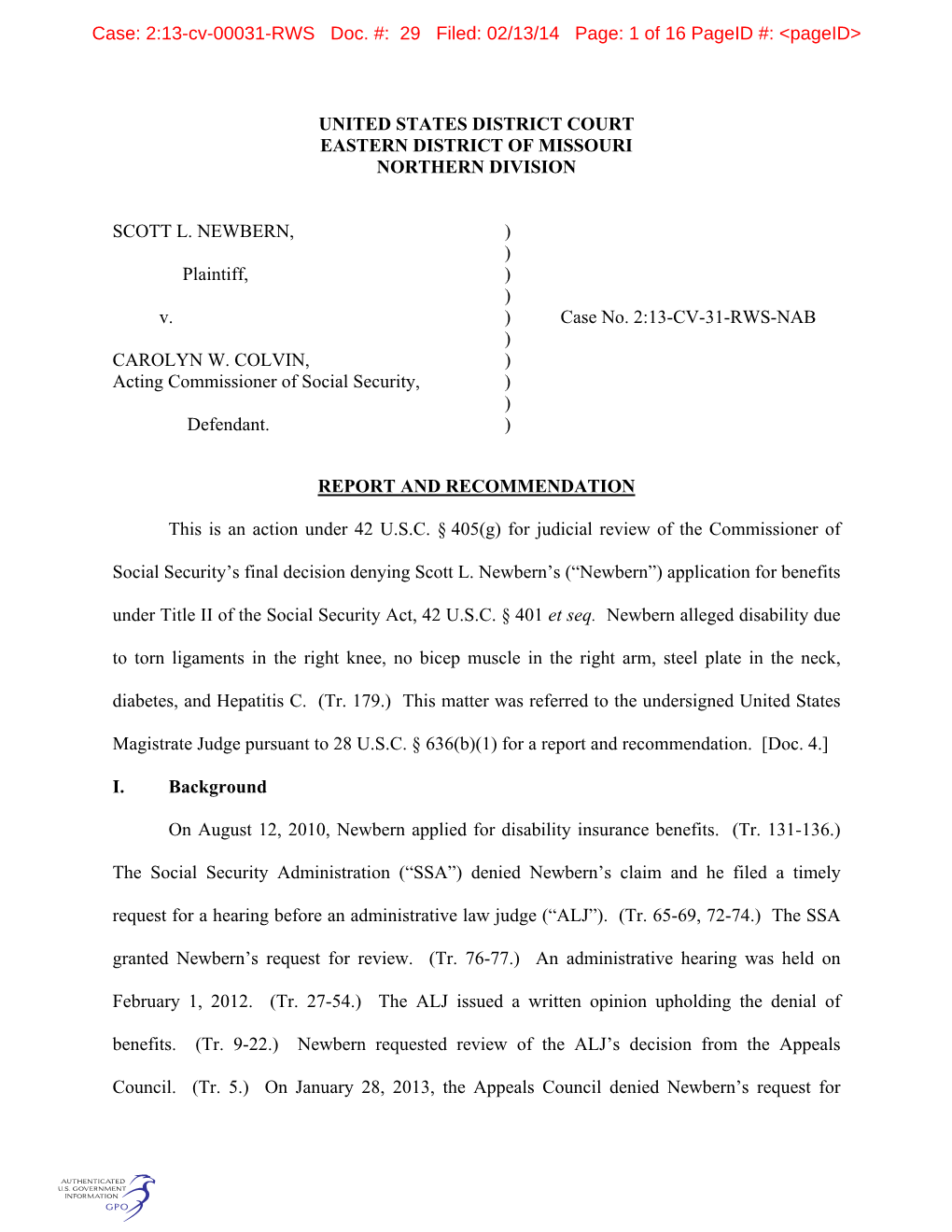 Case: 2:13-Cv-00031-RWS Doc. #: 29 Filed