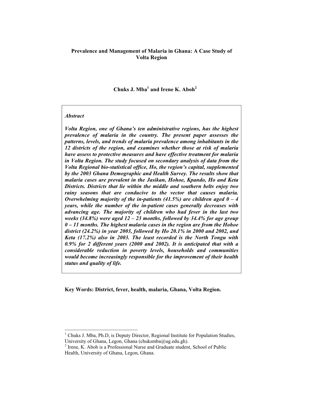 Prevalence and Management of Malaria in Ghana: a Case Study of Volta Region