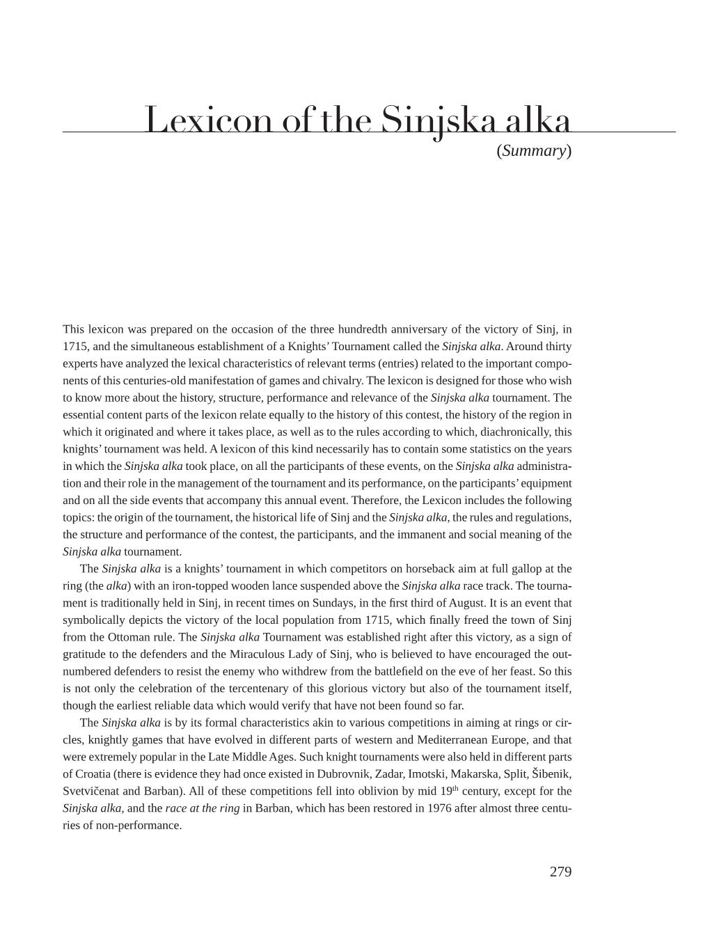 Lexicon of the Sinjska Alka (Summary)