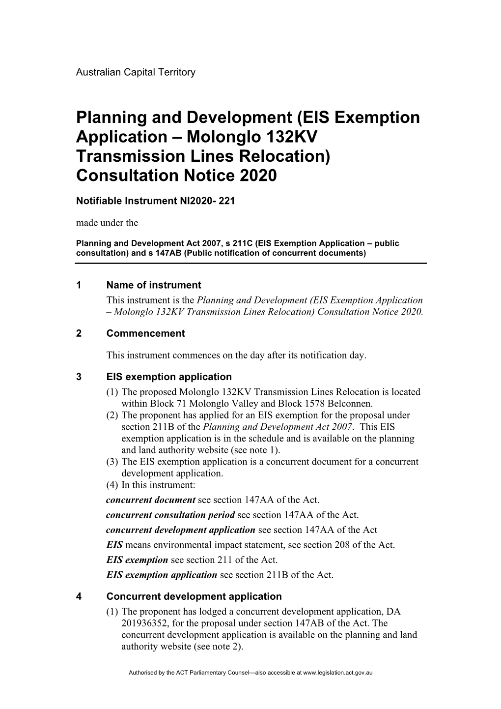 (EIS Exemption Application – Molonglo 132KV Transmission Lines Relocation) Consultation Notice 2020