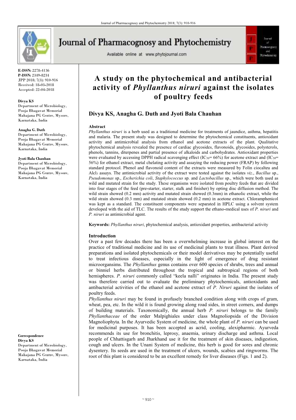 A Study on the Phytochemical and Antibacterial Activity of Phyllanthus Niruri Against the Isolates of Poultry Feeds