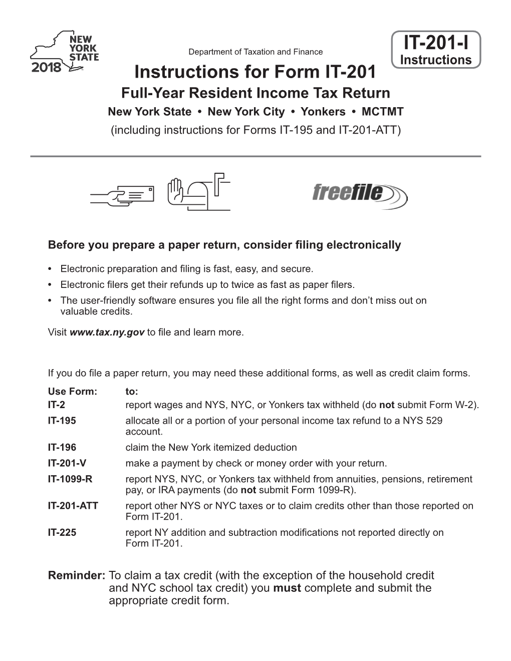 Form IT-201-I:2018:Instructions for Form IT-201 Full-Year Resident Income Tax Return:It201i