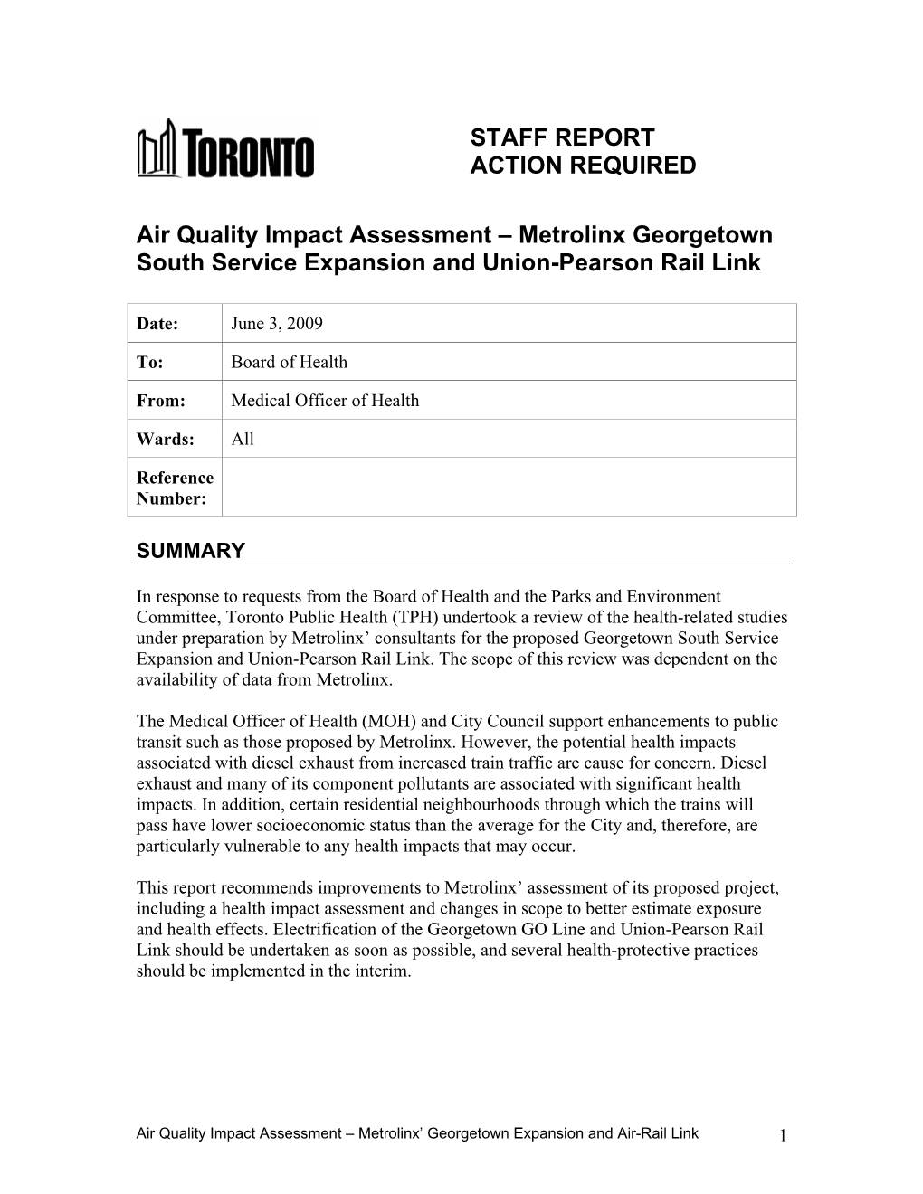 Air Quality Impact Assessment – Metrolinx Georgetown South Service Expansion and Union-Pearson Rail Link