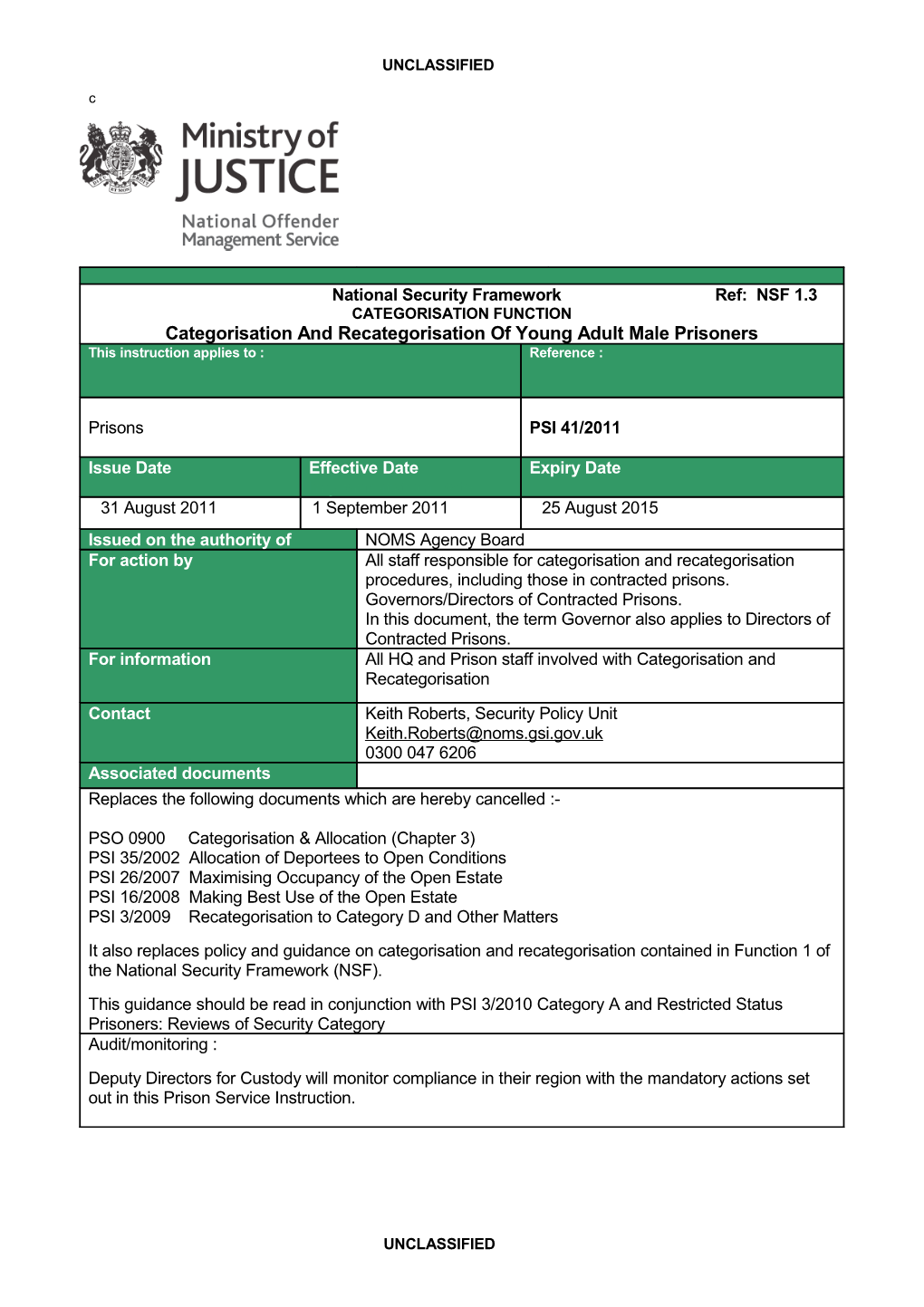 PSI 41/2011: Categorisation and Recategorisation of Young Adult Male Prisoners