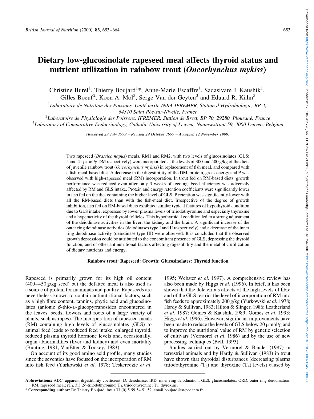 Dietary Low-Glucosinolate Rapeseed Meal Affects Thyroid Status and Nutrient Utilization in Rainbow Trout (Oncorhynchus Mykiss)