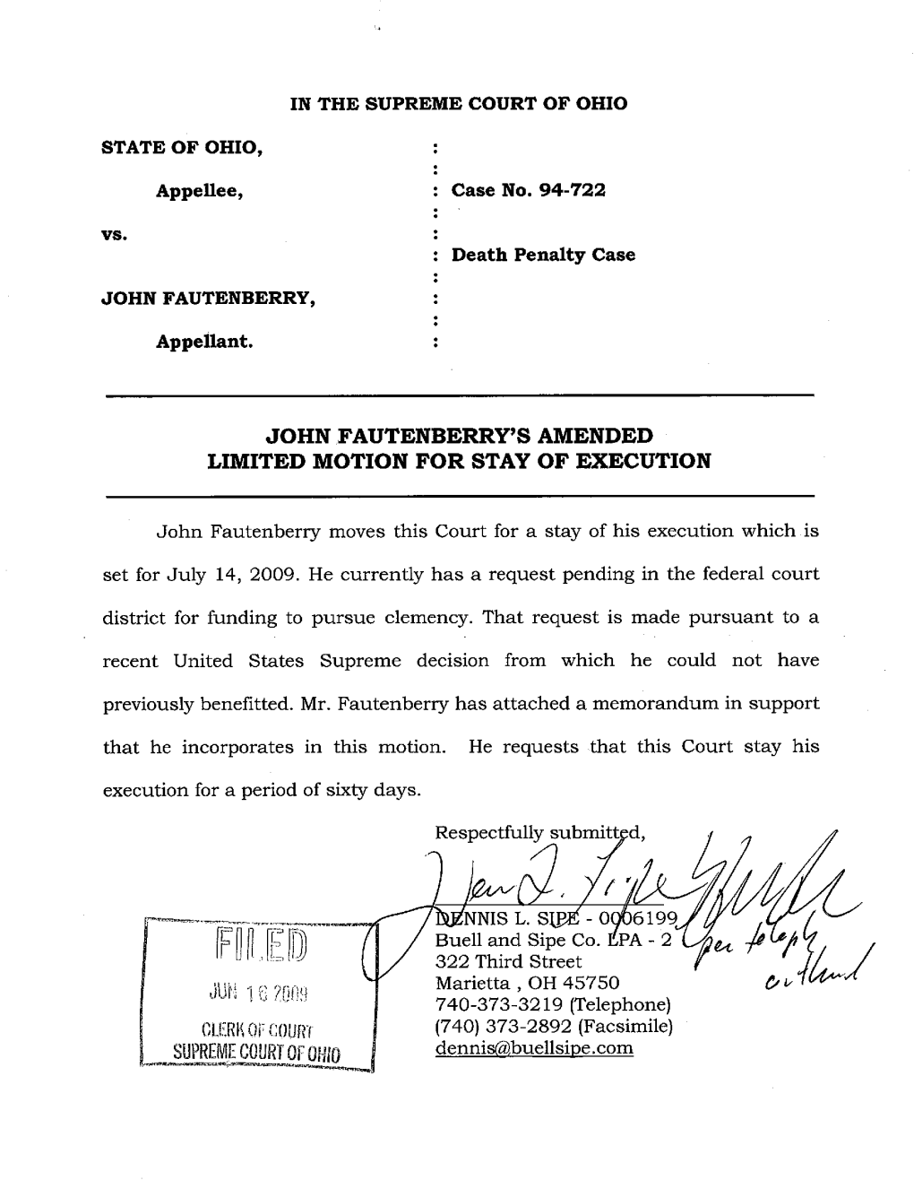 John Fautenberry's Amended Limited Motion for Stay of Execution