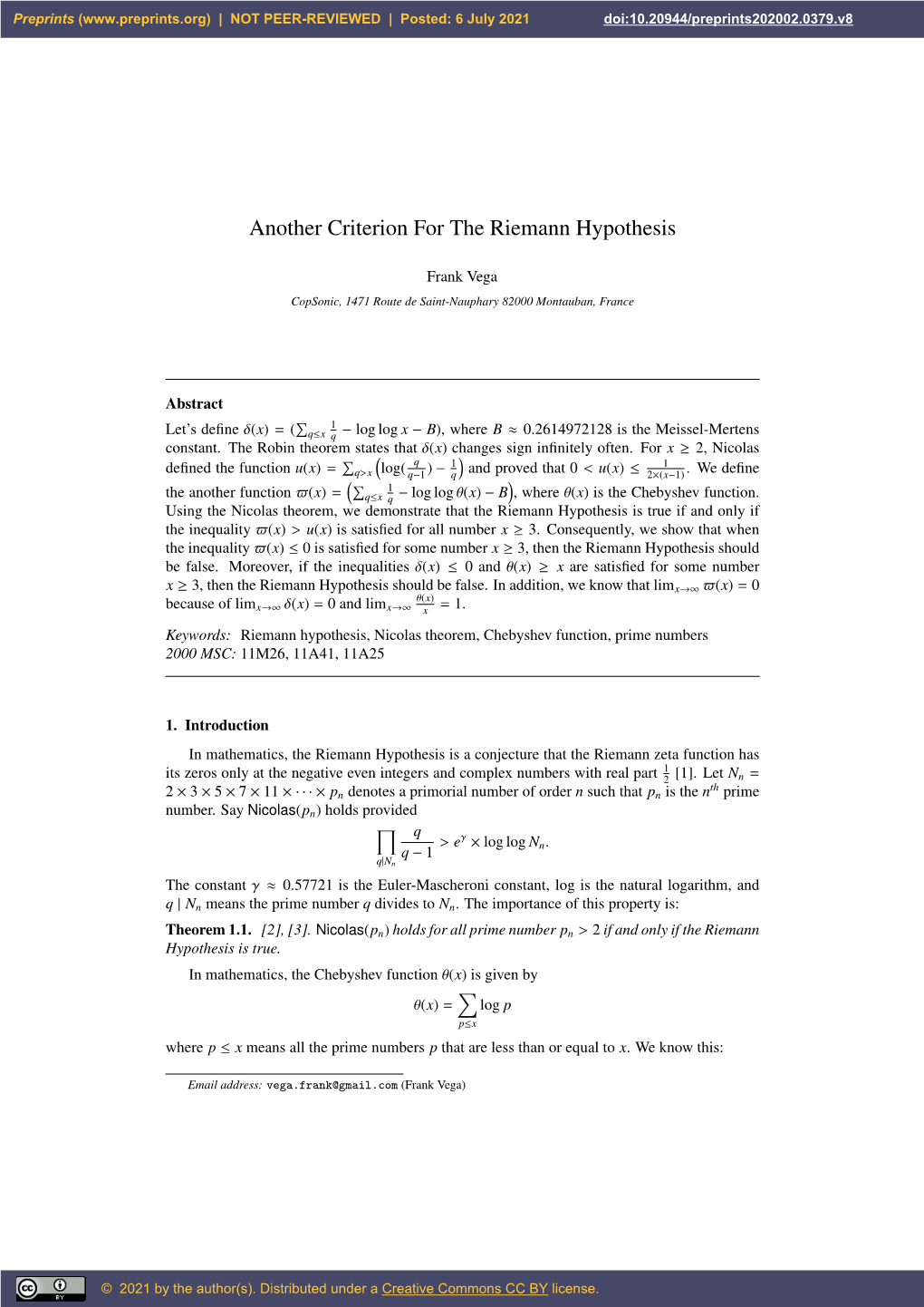 Another Criterion for the Riemann Hypothesis