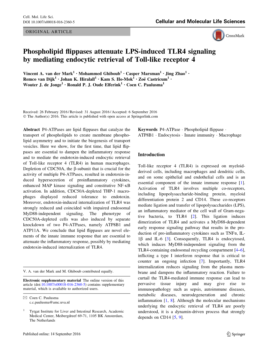 Phospholipid Flippases Attenuate LPS-Induced TLR4 Signaling By