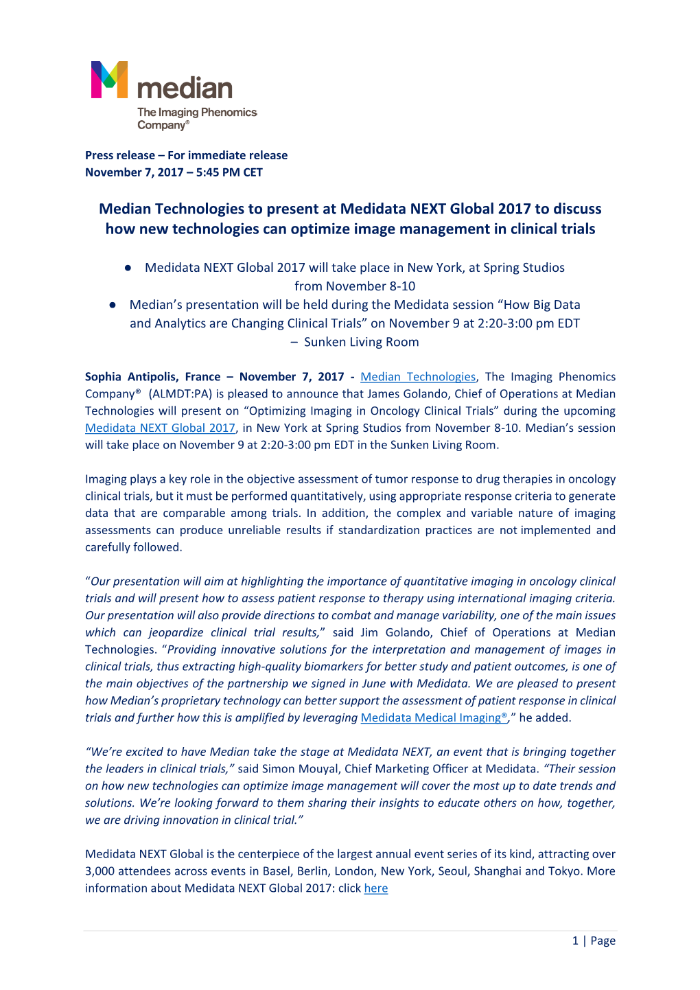 Median Technologies to Present at Medidata NEXT Global 2017 to Discuss How New Technologies Can Optimize Image Management in Clinical Trials