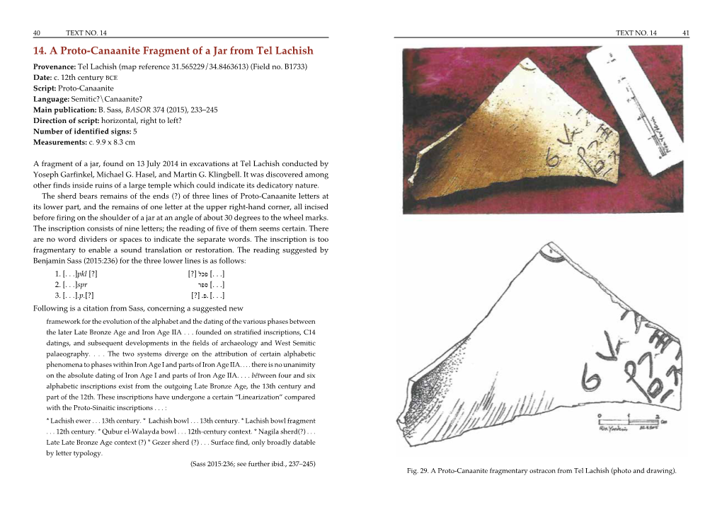 14. a Proto-Canaanite Fragment of a Jar from Tel Lachish Provenance: Tel Lachish (Map Reference 31.565229/34.8463613) (Field No