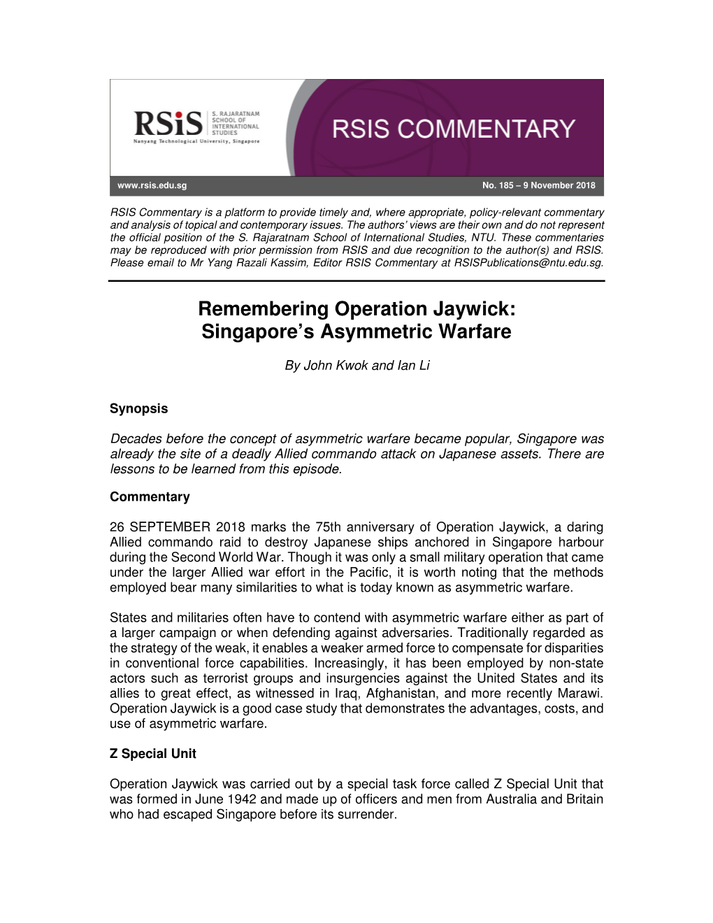 Remembering Operation Jaywick: Singapore's Asymmetric Warfare