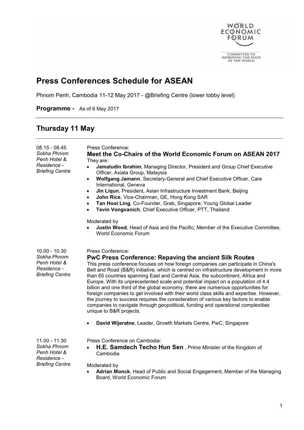 Press Conferences Schedule for ASEAN