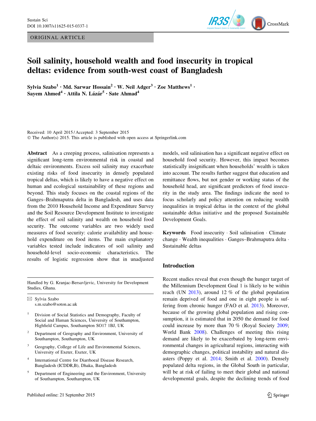 Soil Salinity, Household Wealth and Food Insecurity in Tropical Deltas: Evidence from South-West Coast of Bangladesh