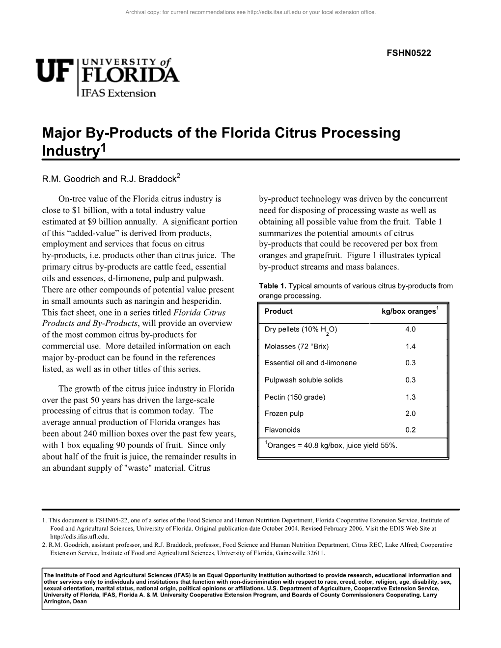 Major By-Products of the Florida Citrus Processing Industry1