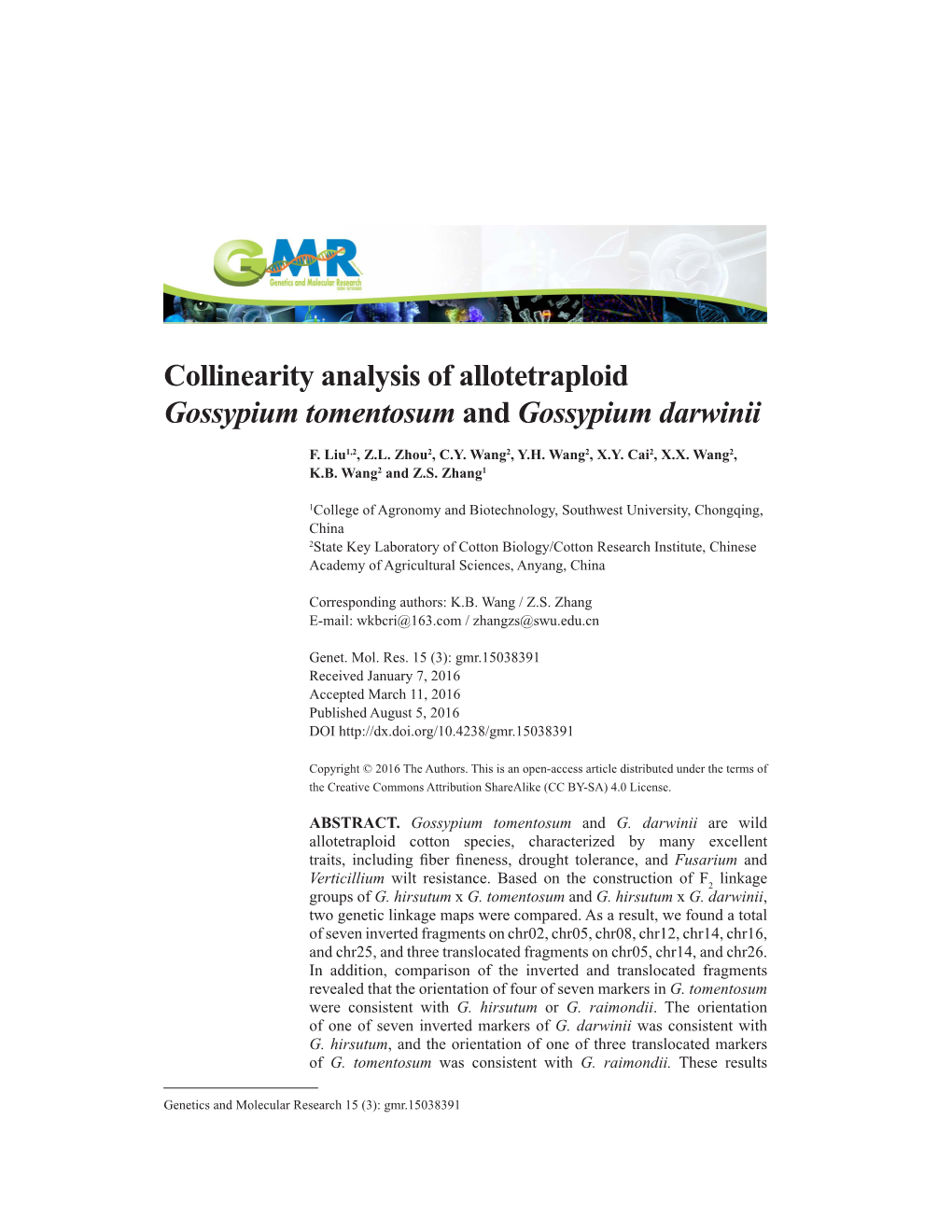 Collinearity Analysis of Allotetraploid Gossypium Tomentosum and Gossypium Darwinii