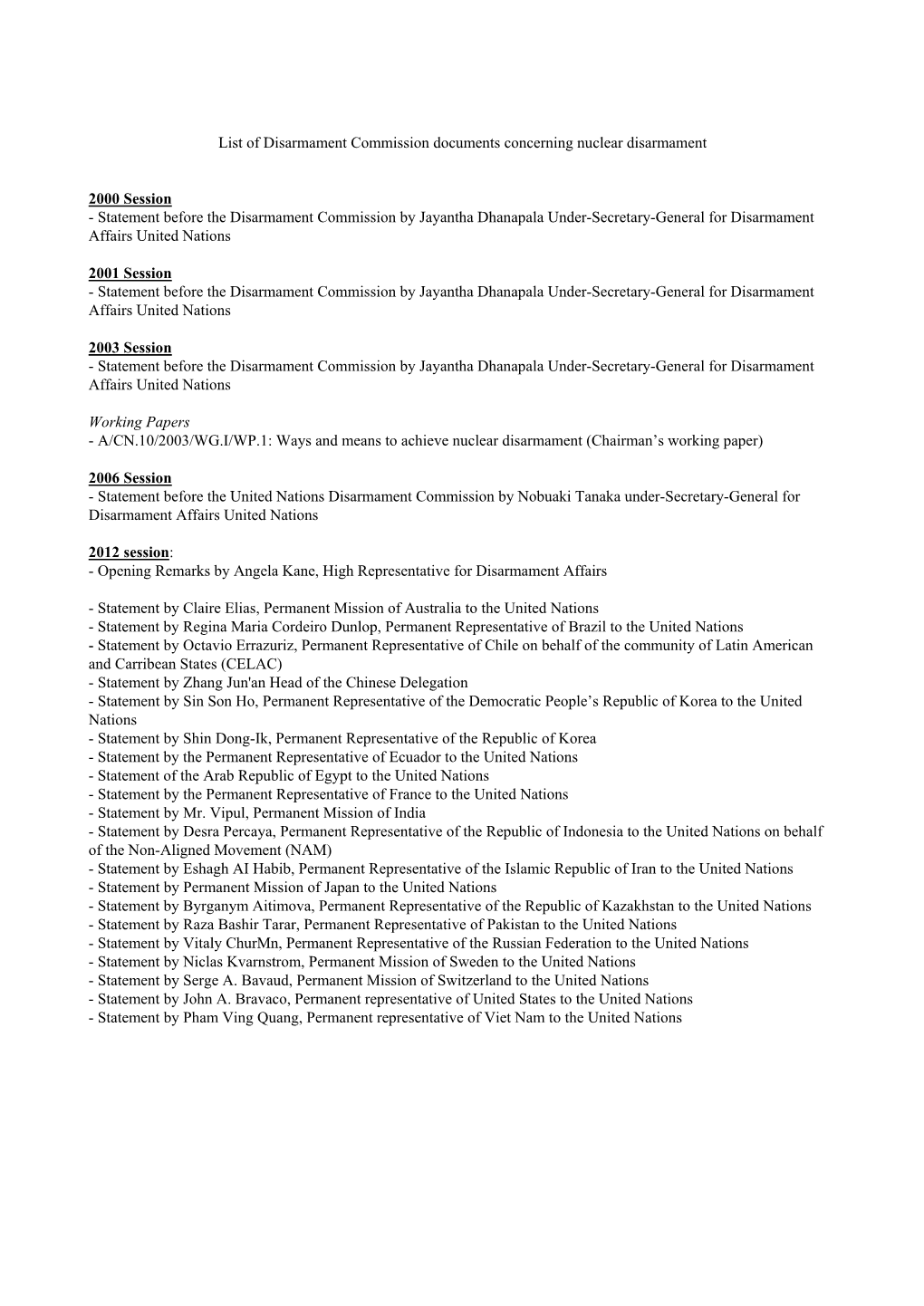 Statement Before the Disarmament Commission by Jayantha Dhanapala Under-Secretary-General for Disarmament Affairs United Nations