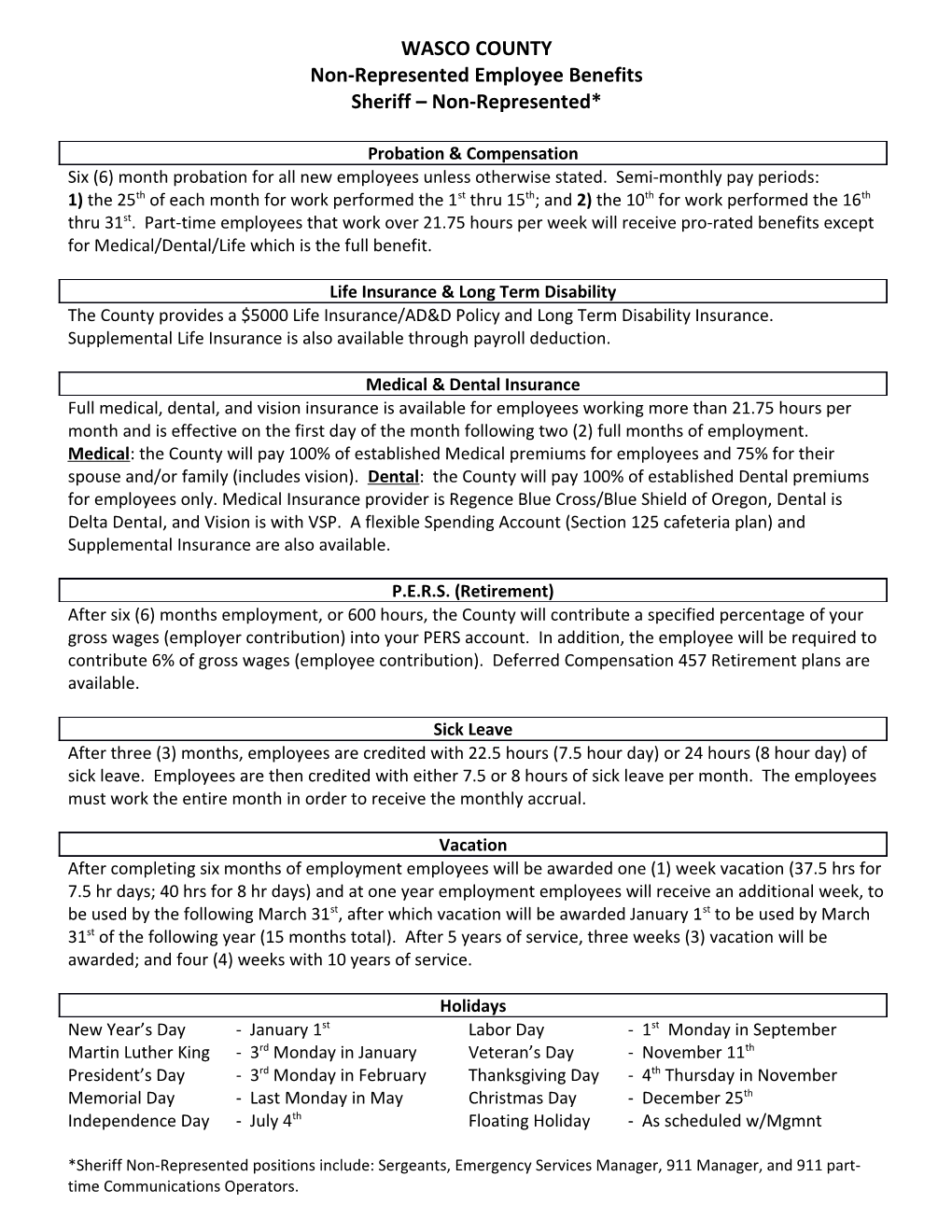 Non-Represented Employee Benefits