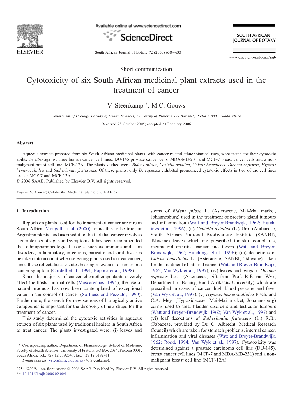 Cytotoxicity of Six South African Medicinal Plant Extracts Used in the Treatment of Cancer ⁎ V