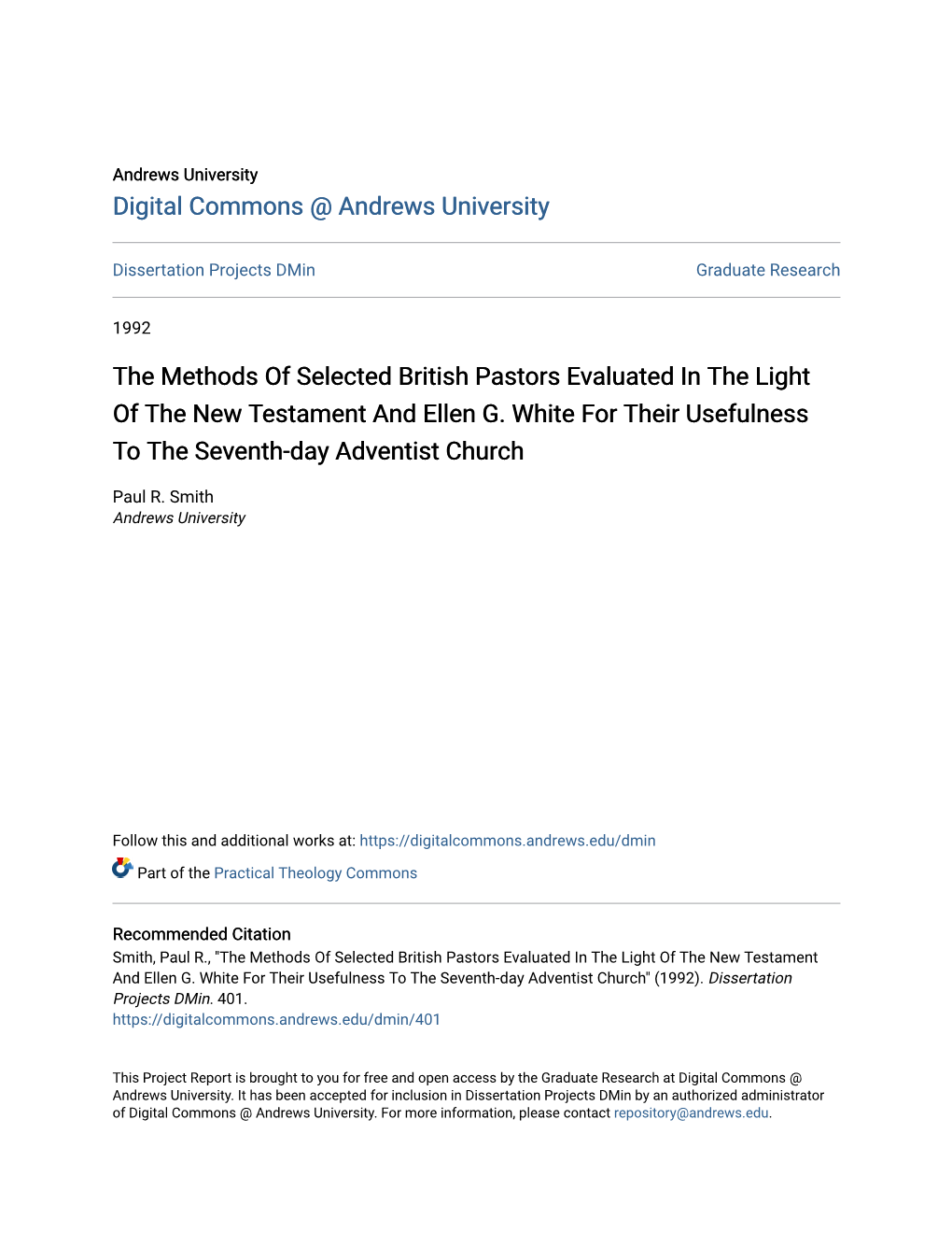 The Methods of Selected British Pastors Evaluated in the Light of the New Testament and Ellen G
