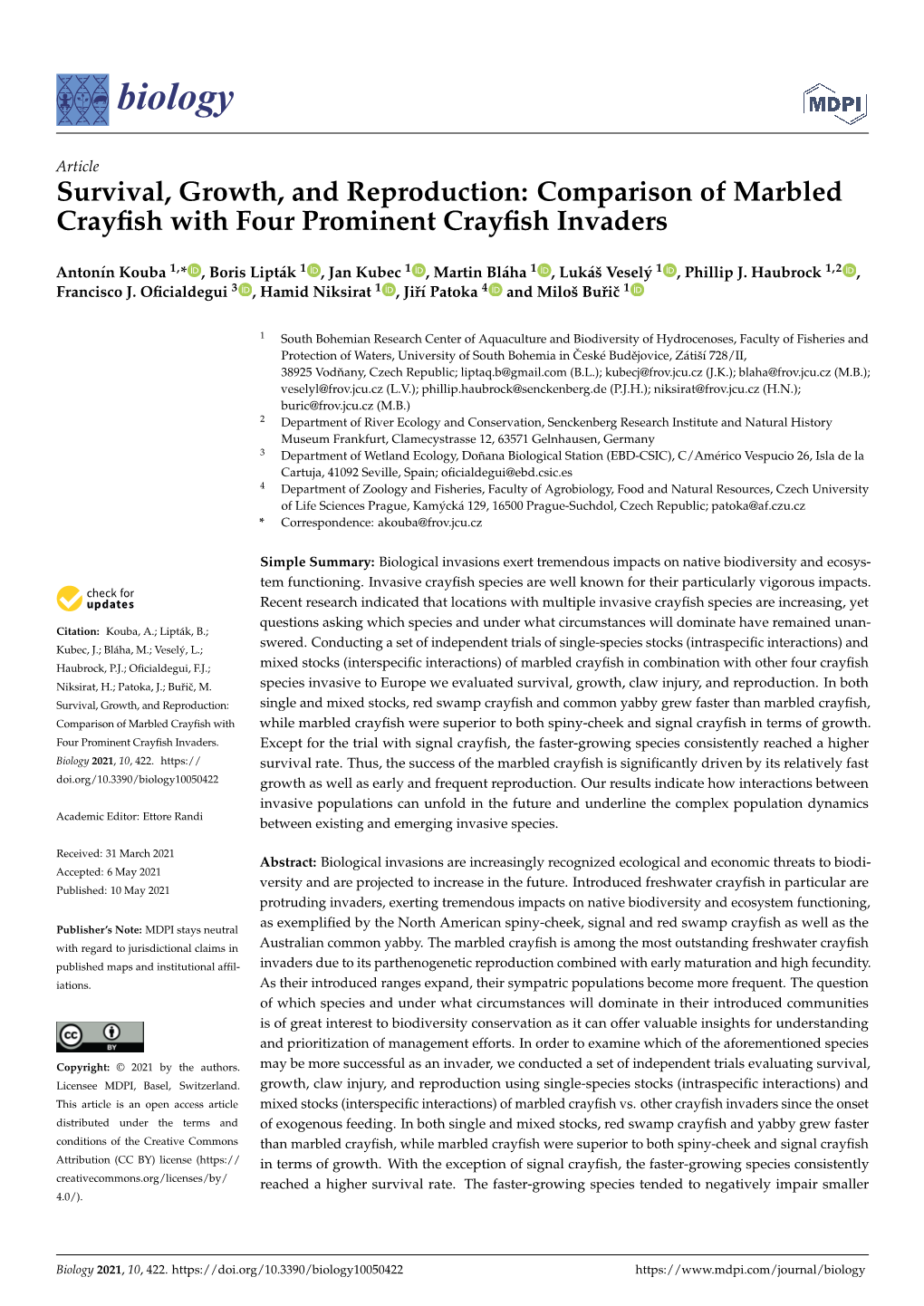 Survival, Growth, and Reproduction: Comparison of Marbled Crayfish