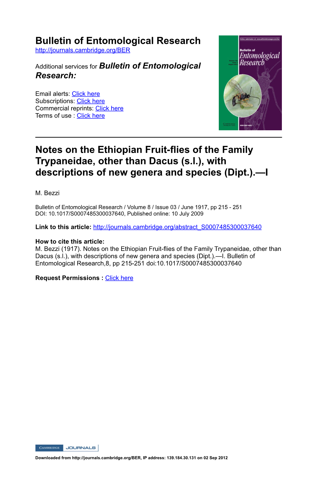 Bulletin of Entomological Research Notes on the Ethiopian Fruitflies of the Family Trypaneidae, Other Than Dacu