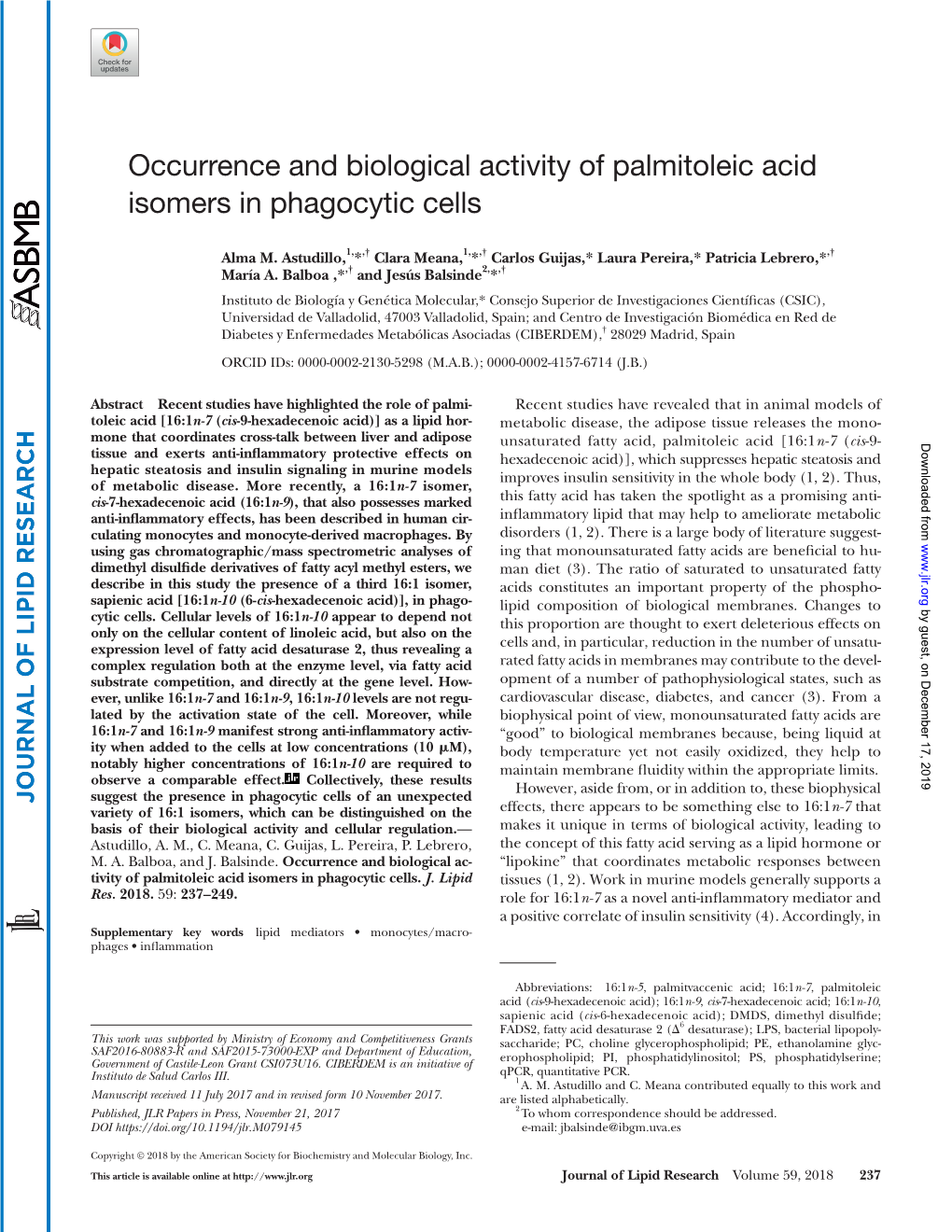 Occurrence and Biological Activity of Palmitoleic Acid Isomers in Phagocytic Cells