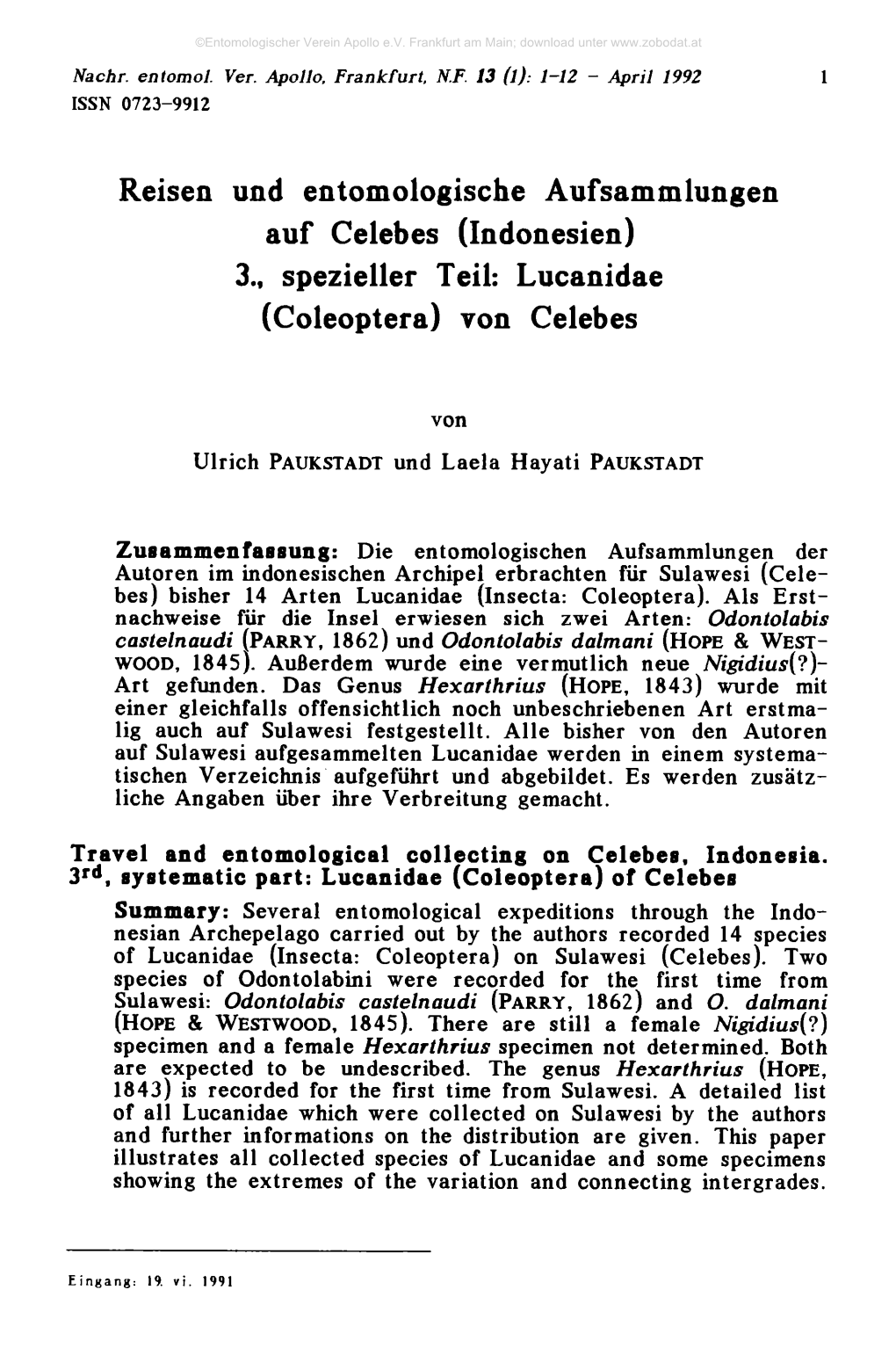 Reisen Und Entomologische Aufsammlungen Auf Celebes (Indonesien) 3., Spezieller Teil: Lucanidae (Coleoptera) Von Celebes