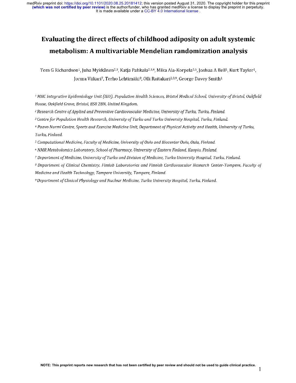 Evaluating the Direct Effects of Childhood Adiposity on Adult Systemic Metabolism: a Multivariable Mendelian Randomization Analysis