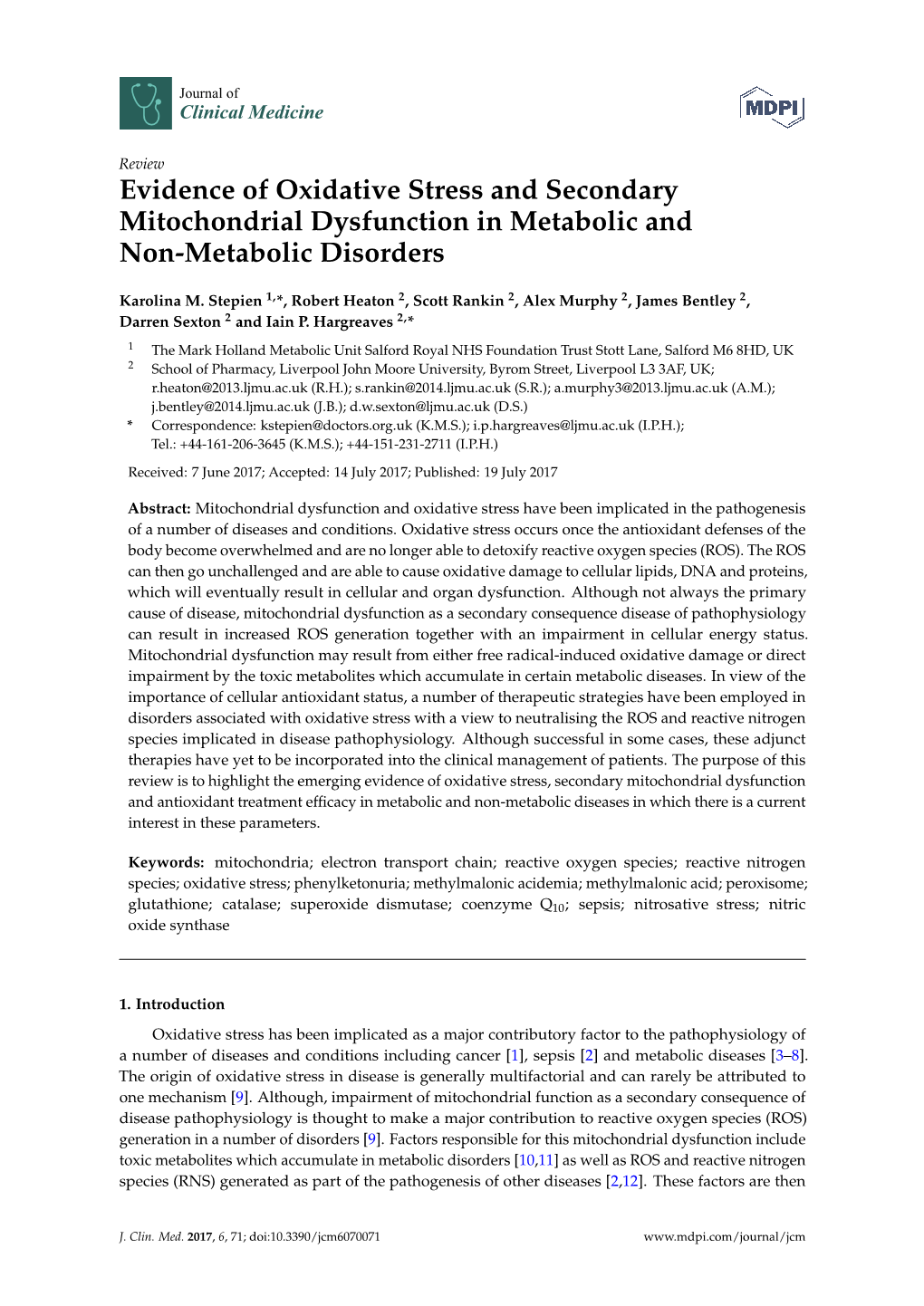 Evidence of Oxidative Stress and Secondary Mitochondrial Dysfunction in Metabolic and Non-Metabolic Disorders