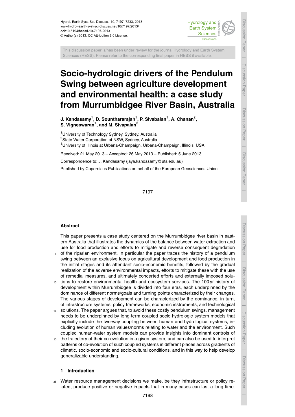 Socio-Hydrologic Drivers of the Pendulum Swing Between Agriculture Development and Environmental Health: a Casefrom Study Murrumbidgee River Basin, Australia J